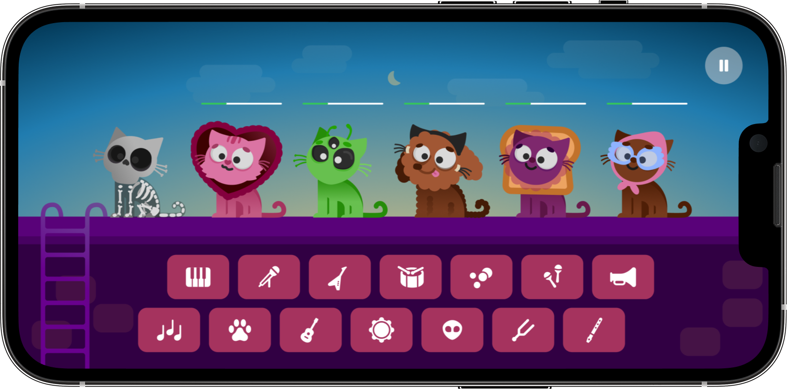Meowsic gameplay screen with cat performers on stage